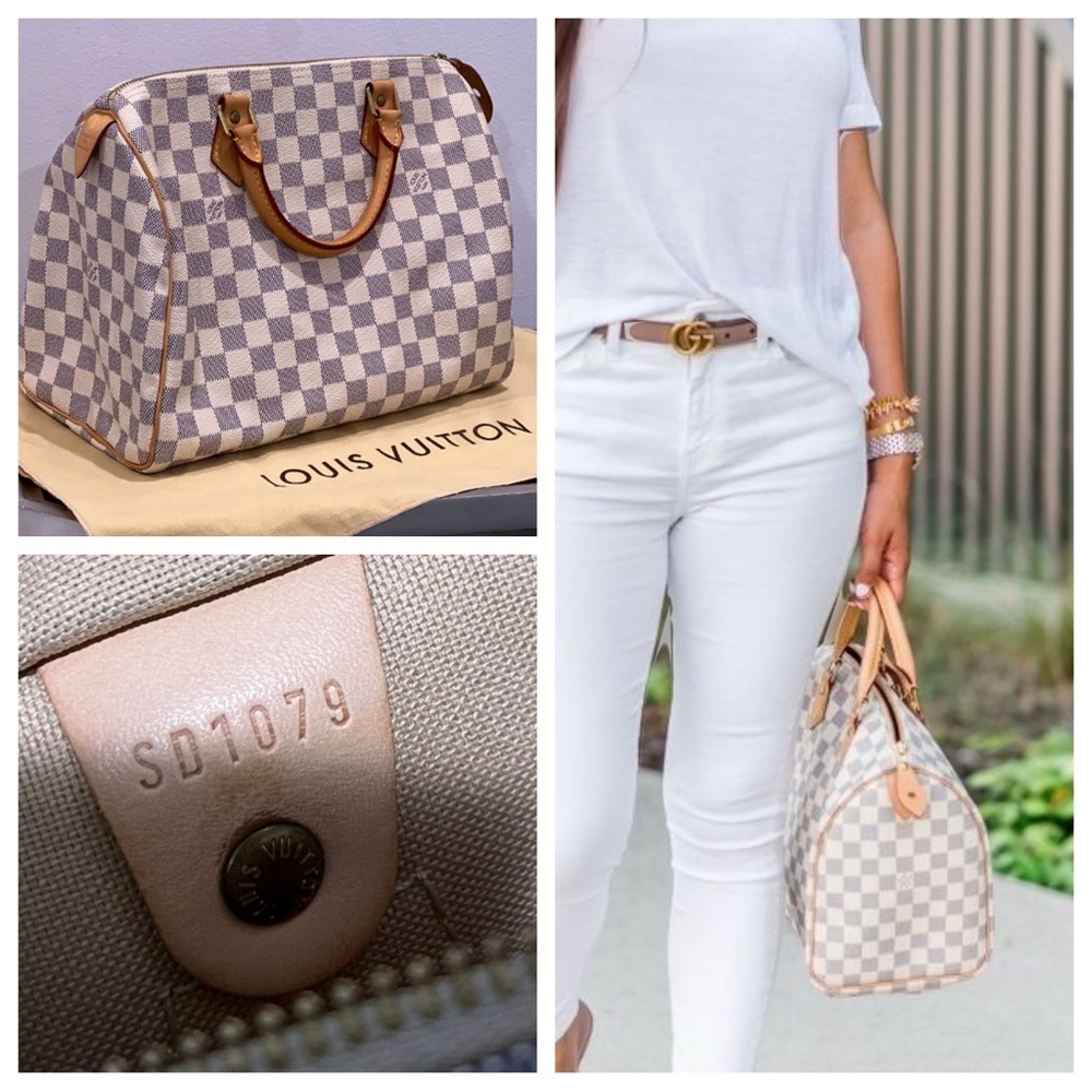 Louis Vuitton White and Cream Satchel with Checkered Pattern